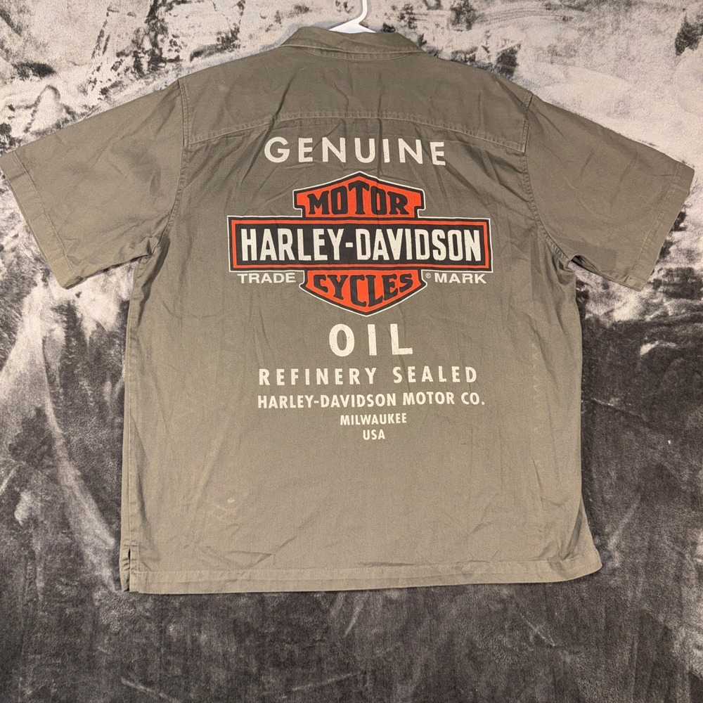 Harley-Davidson Mens XL Olive Green Genuine Motor Oil Graphic Button Up Shirt - Picture 2 of 9